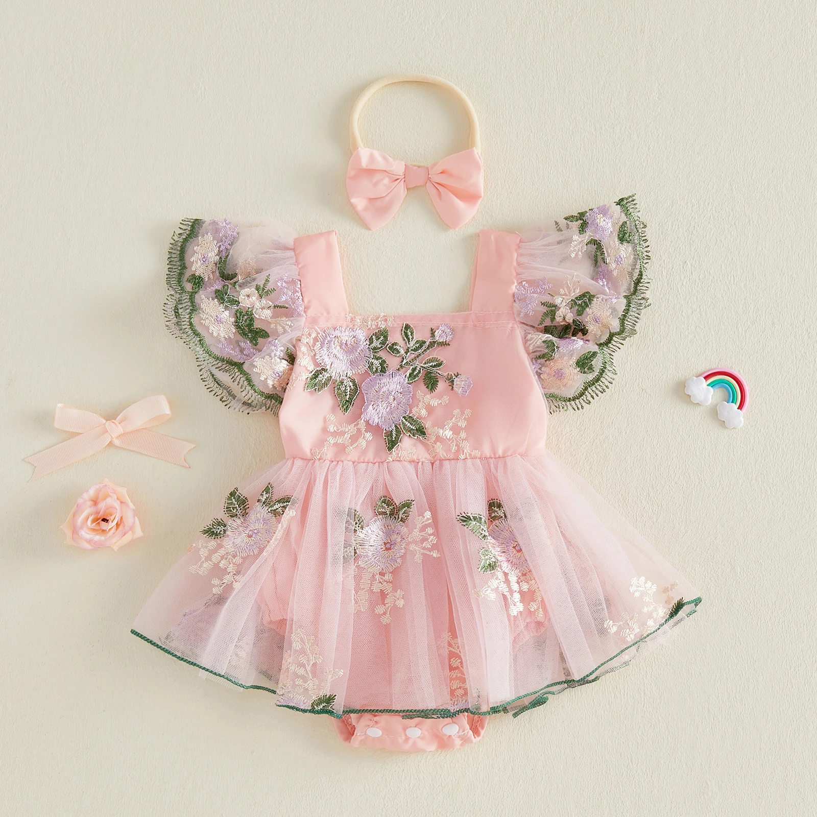 

Lovely Summer Newborn Baby Girls Casual Rompers Princess Elegant Fly Sleeve Embroidery Flower Tulle Jumpsuits Skirts Clothes