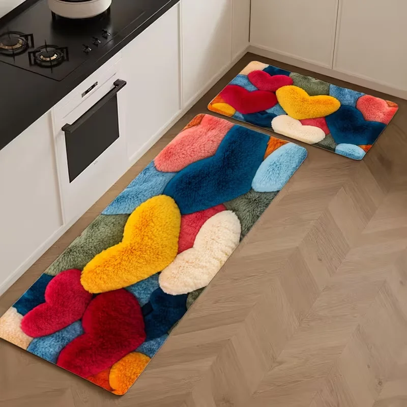 Cute Pastel Love Heart Graphic Rug 2D flat print Non Slip rug For Dining Room Laundry Room Porch Corridor Household Decor Mat