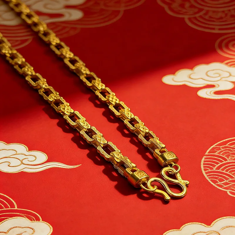 Luxury 9999 24K Solid gold fashionable starry Mika square knight chain jewelry single-row buckle men's necklace sweater chain