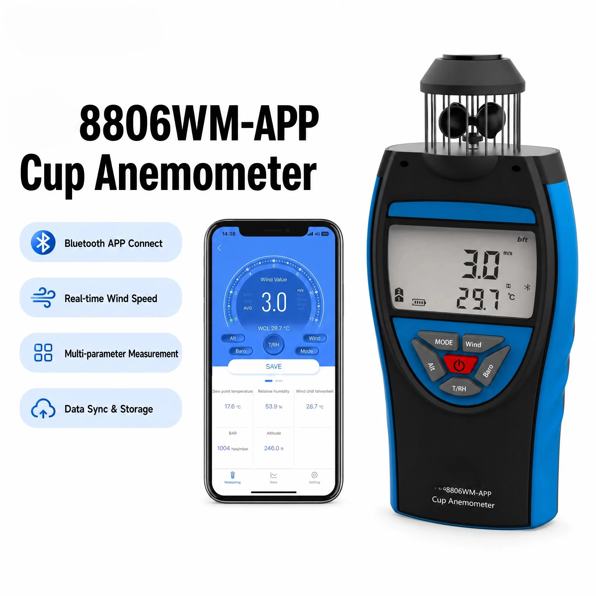 

Bluetooth APP Anemometer 0.3-42m/s Wind Speed Gauge, Barometer Altitude Temperature Humidity Dew Point Wind Chill Detector
