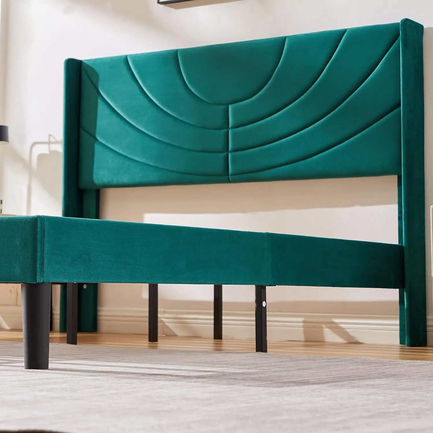 Full Size Bed Frame Upholstered Platform with Wave Fabric Headboard,Wooden Slats Support/Mattress Foundation/Easy Assembly