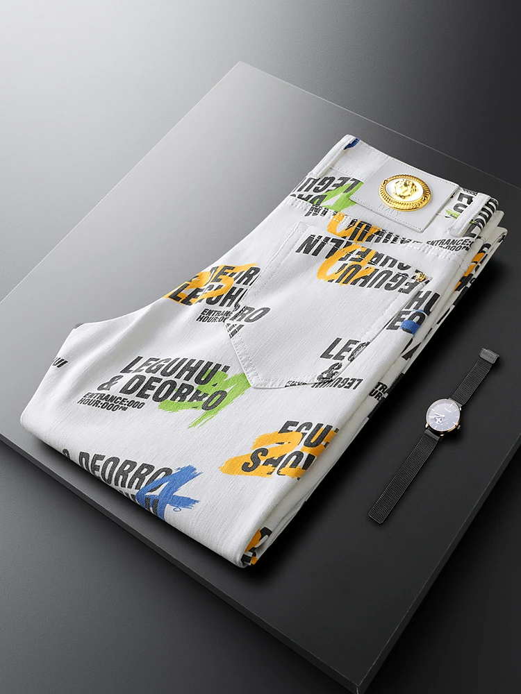 

Luxury Printed Denim Jeans Men's Slim Fit Straight Leg Casual Pants Leather Tag Autumn Faionable Small Straight Jeans