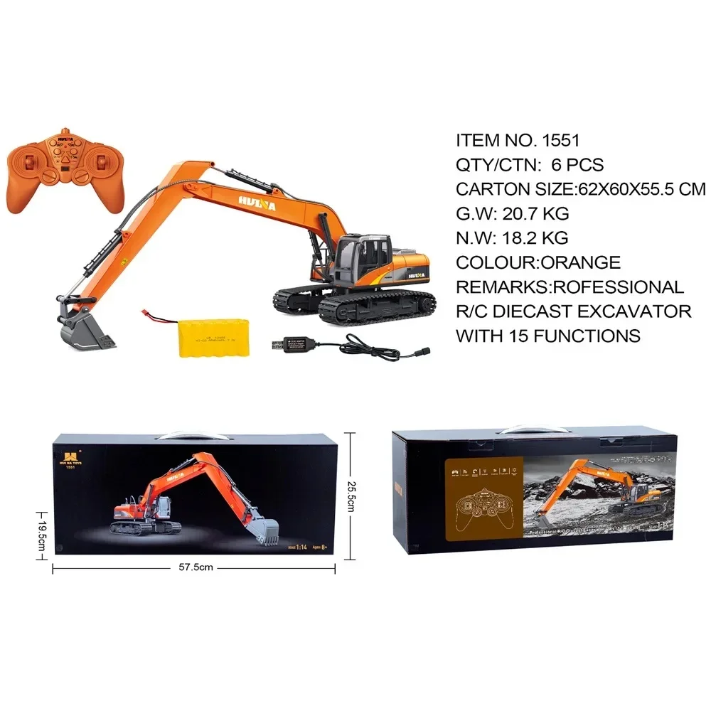 1:14 Remote Control Alloy Excavator 15-Channel 1551  Children'S Rc Truck New Huina Toys Electric Toy Engineering Car Kid'S Gift