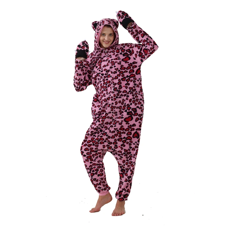 Women Clothing Pink Leopard Cosplay Costume For Adults Halloween Animal Full Body Pajamas Fleece Kigurumi Long Sleeves Homewear