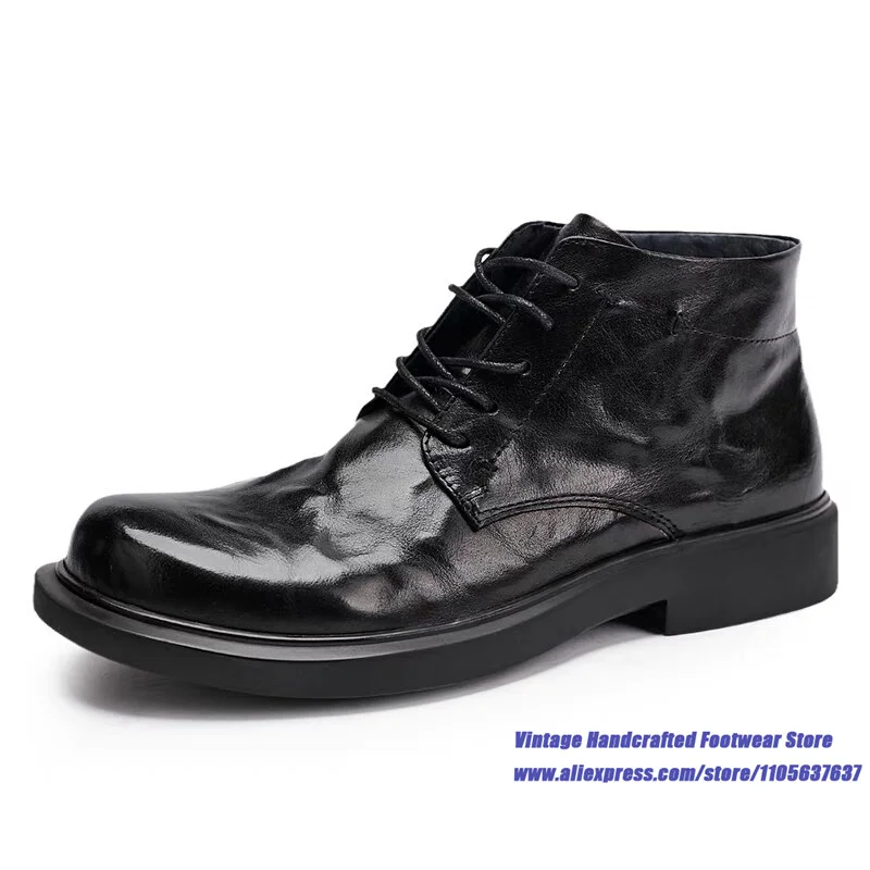 Botas de Hombre de Piel de Vacuno Arrugada Negra, con Cordones, Punta Redonda, Antideslizantes, de Media Caña, Estilo Vintage, Hechas a Mano
