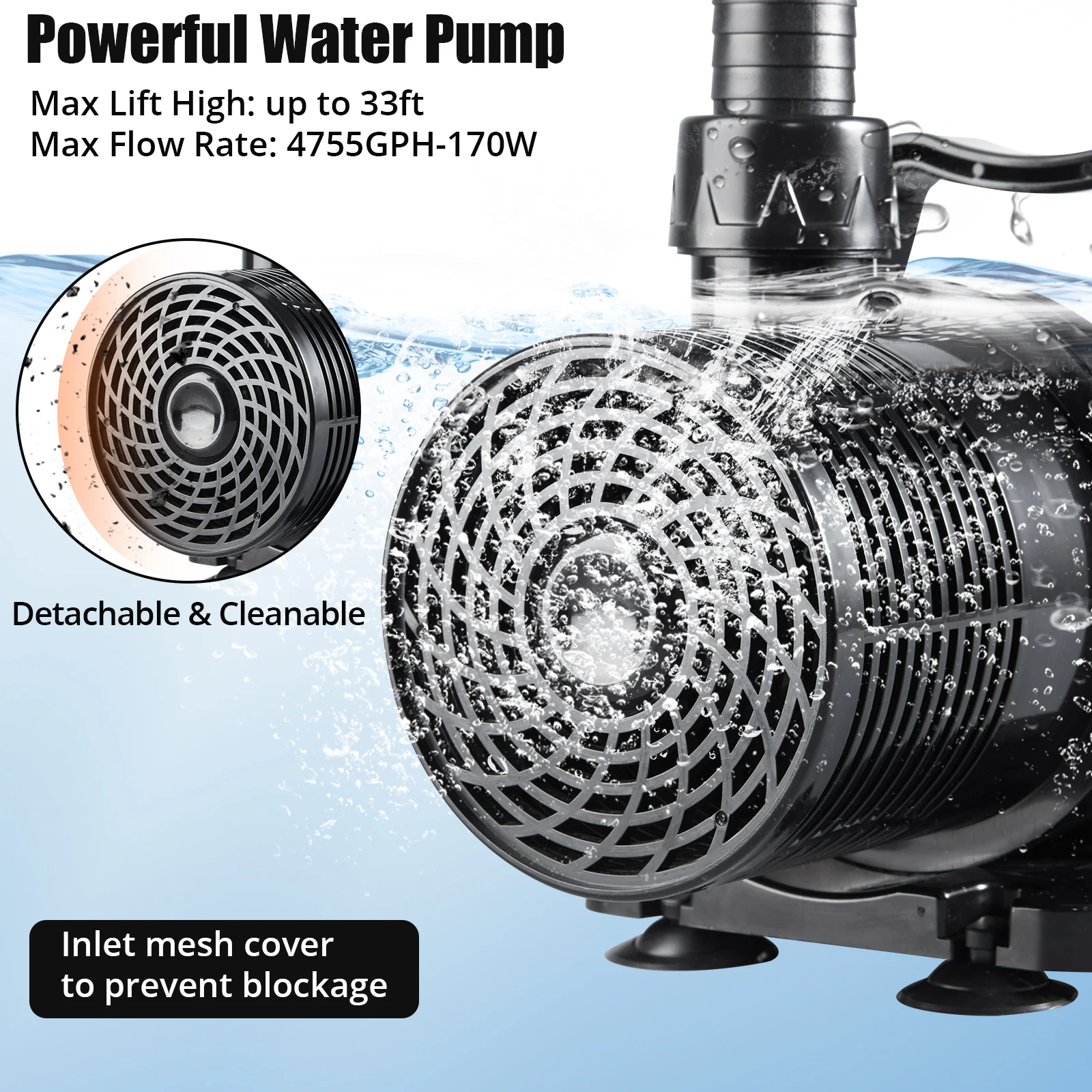 3700GPH Submersible Water Pump, 130W Pond Pump 31Ft Lift Height, Submersible Pump Pond with Power Cord 16Ft for Waterfall