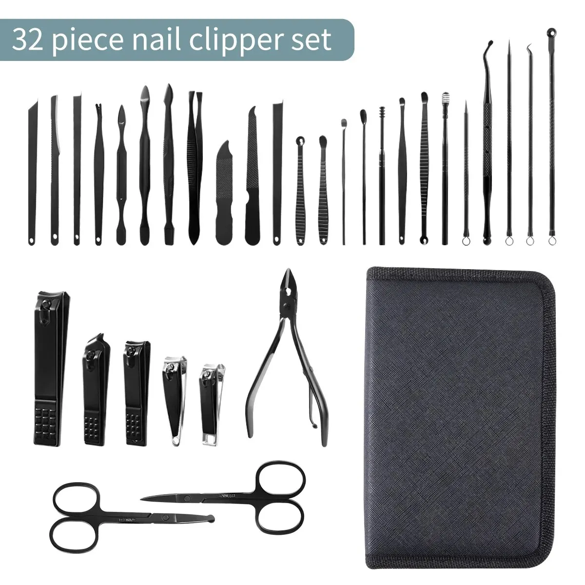 Juego de Herramientas de manicura de 32 piezas, Kit de corte y pinzas para cutículas, Kit profesional de pedicura, herramientas de manicura, Kit de