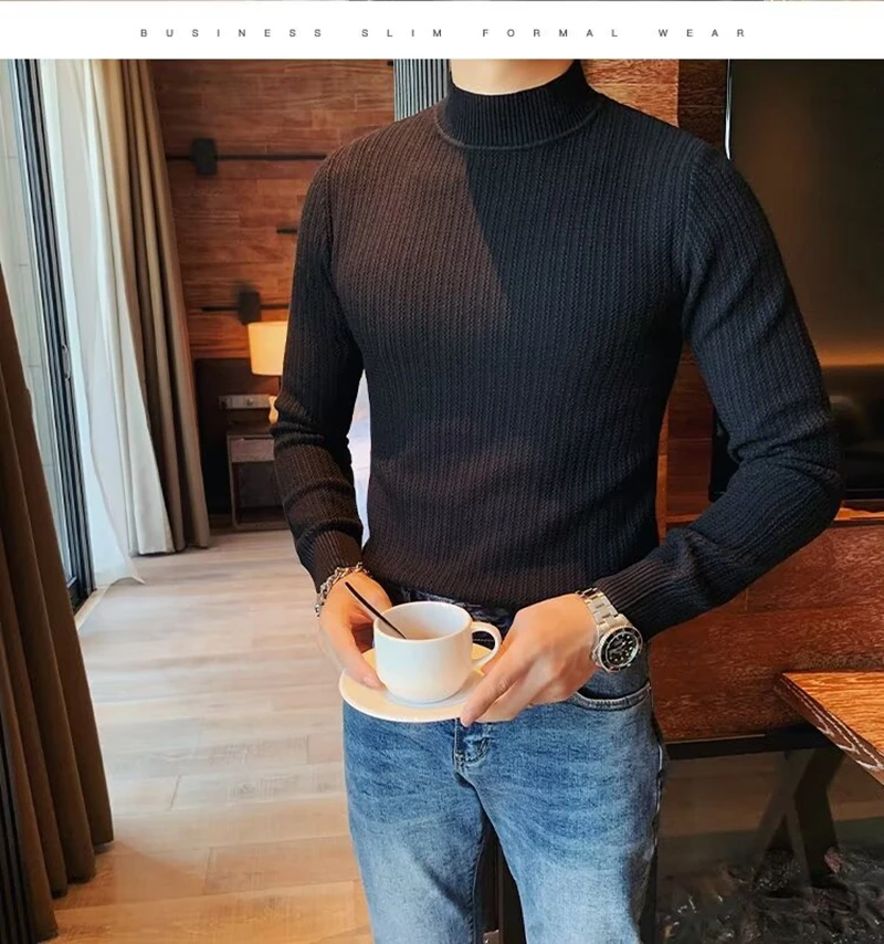 Minimalist Knitted Base T-Shirt  European and American Men's High Necked Home Wear Water Ripple Pattern Solid Pullover Homme