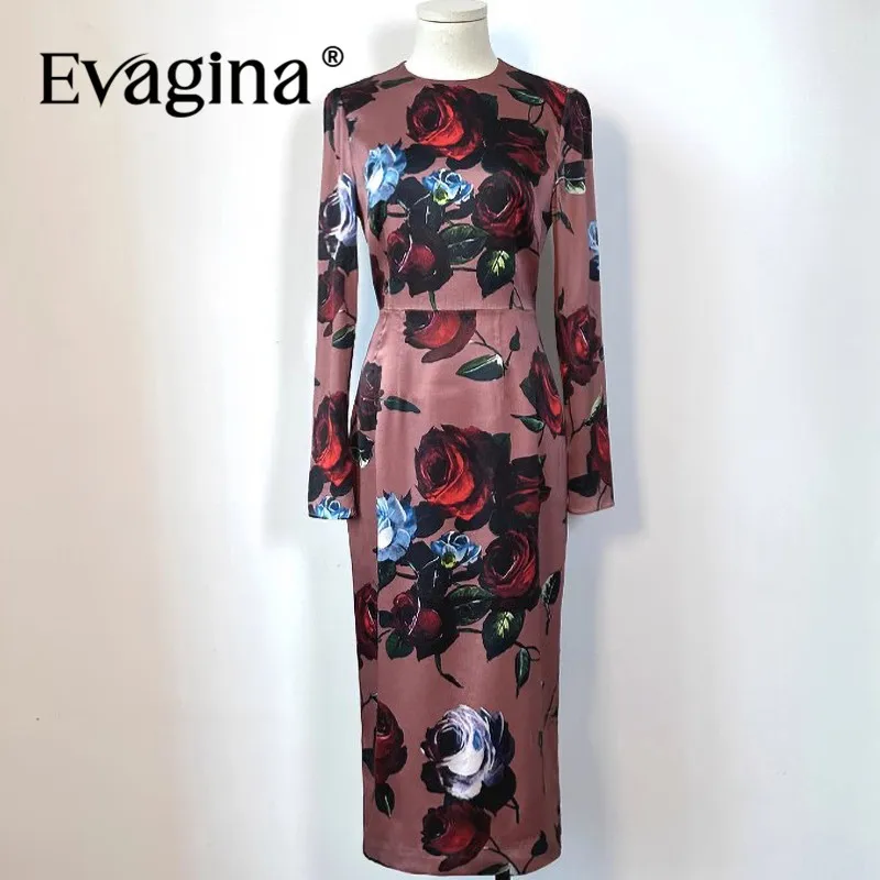Evagina Fashion Wiosna Lato Sukienka damska z nadrukiem Slim-Fit Hip Wrap z długimi rękawami Jedwabne eleganckie eleganckie designerskie sukienki