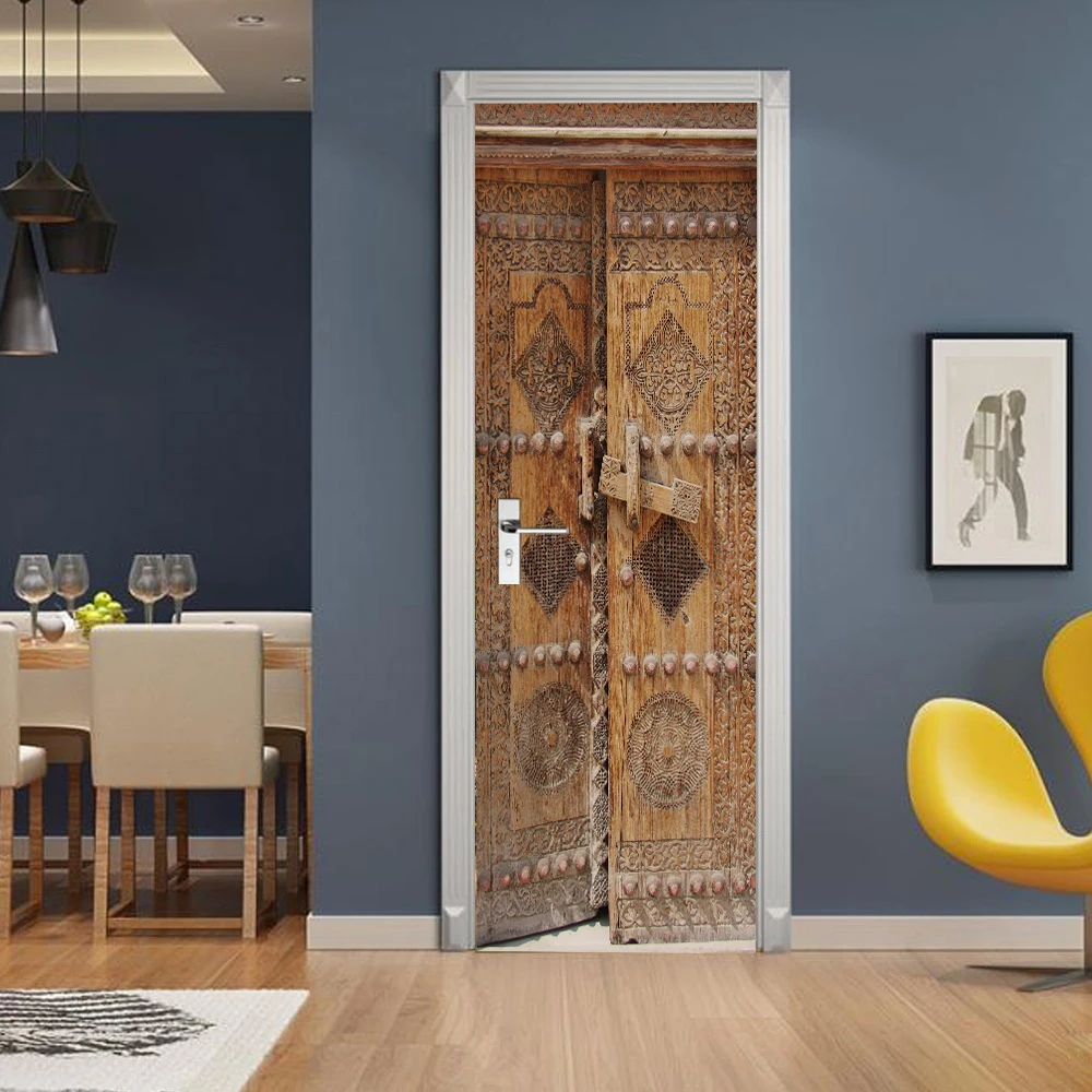 Self Adhesive Vintage Wooden Door Container Door Sticker PVC DIY Wallpaper On The Door Custom Size Poster deursticker Home Decor