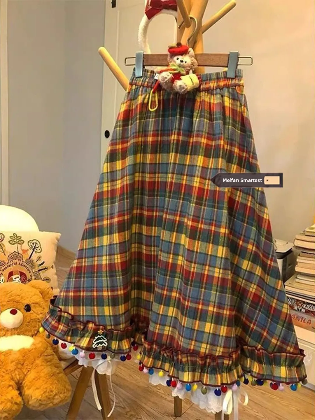 Dopamine Colored Plaid A-Line Midi Skirt Women's Autumn Winter Christmas Retro Festival Cute Half-length Skirt High Waist Lace