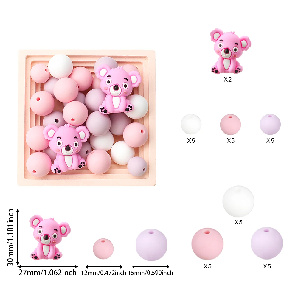 30pcs 3D Sitting Koala Silicone Focal Beads15mm Round Loose Beads For DIY Jewelry Making, Bracelet, Necklace, Lanyards Supplies