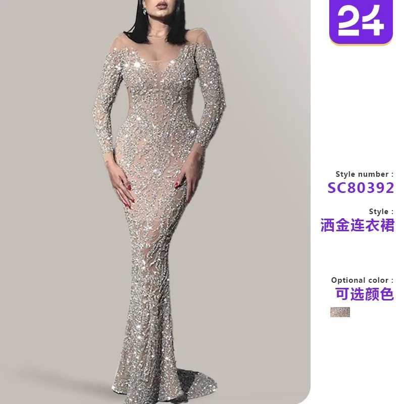 

Spring Women's Clothing Gold Foil Long Sleeve Slim Fit Evening Dress Elegant Party For Woman Chiffon Polyester Bodycon Maxi