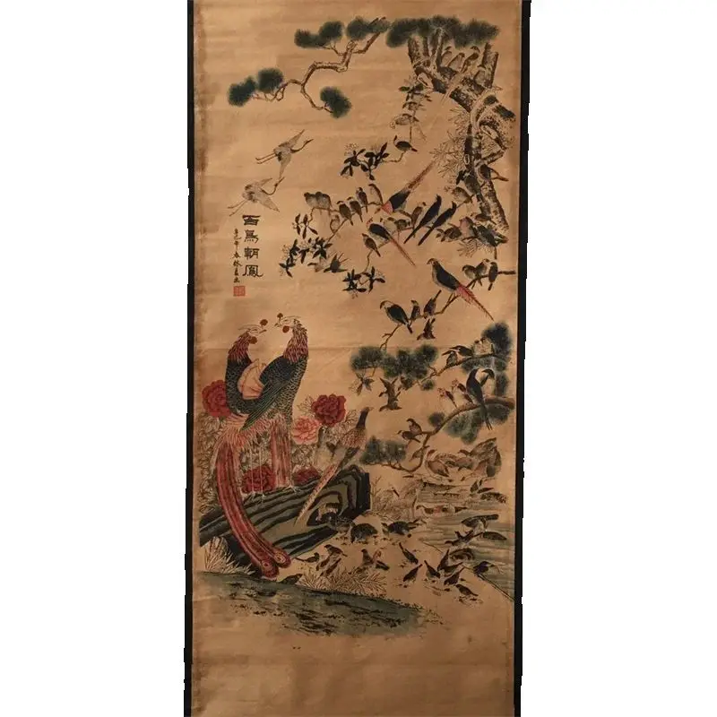 

China old Celebrity paintings- Lin Liang's watercolor painting of a hundred birds bowing to the phoenix Scroll Hanging paintings