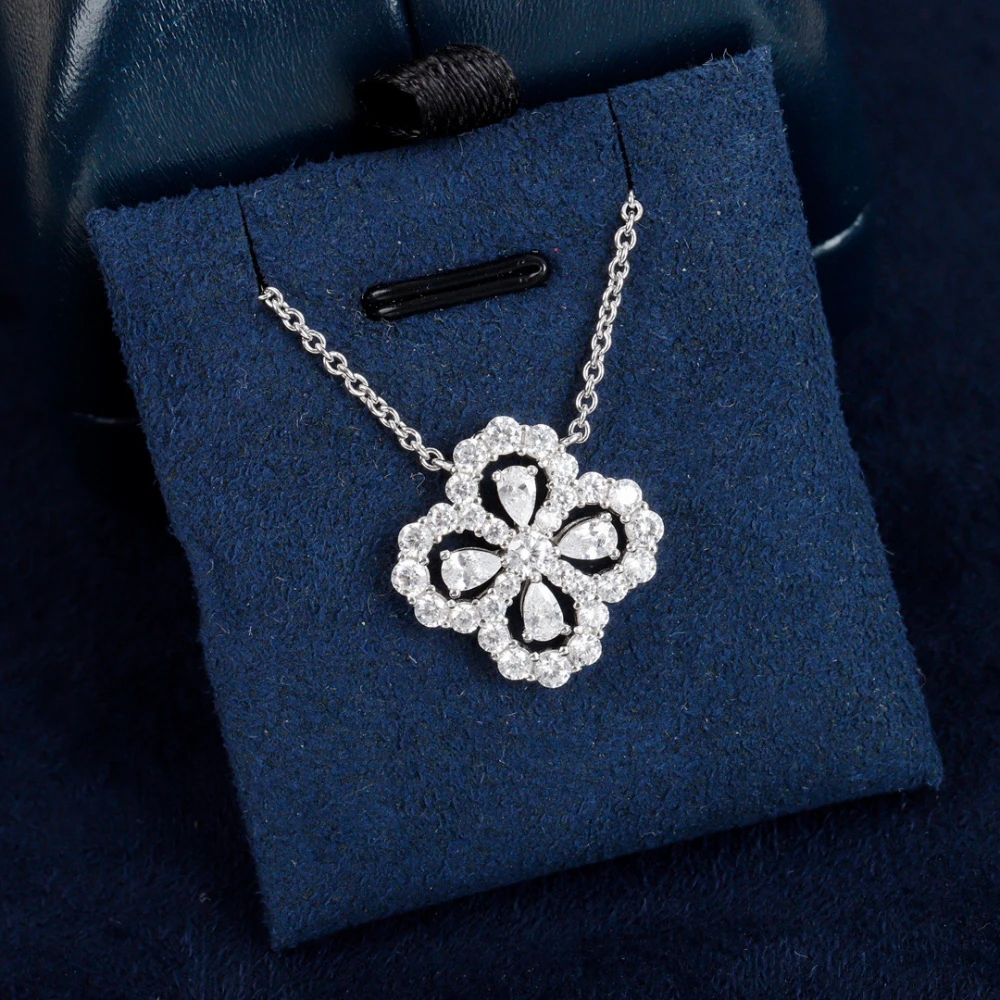 S925 Sterling Silver Hollowed Four-Leaf Clover Necklace Zircon Water Drop High-End Jewelry Birthday Gifts