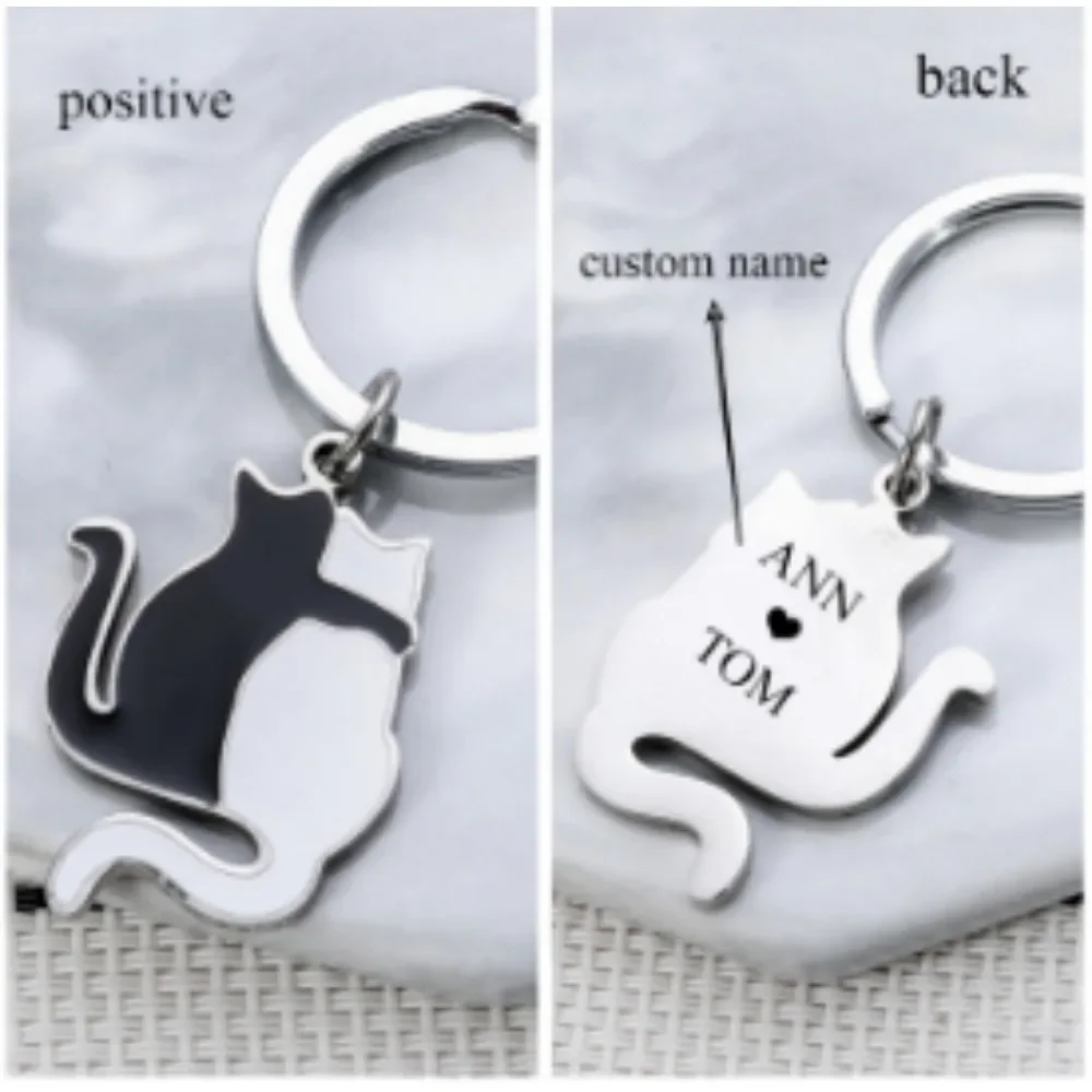 

Popular Black and White Cat Keychain Couple Pendant Custom Logo Name Keyring Key Ring Buckle Chain Backpack Car Motorcyle Gift