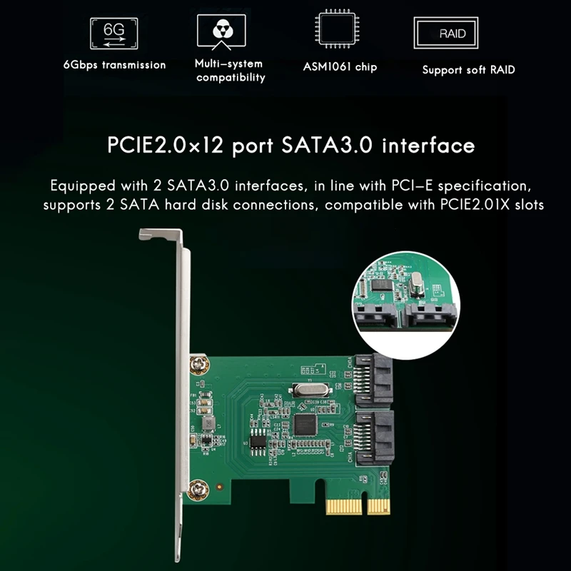 Pcie 2.0 X1 To 2 Port SATA3.0 Riser Card AMS1016 Expansion Card Converter Card image 2