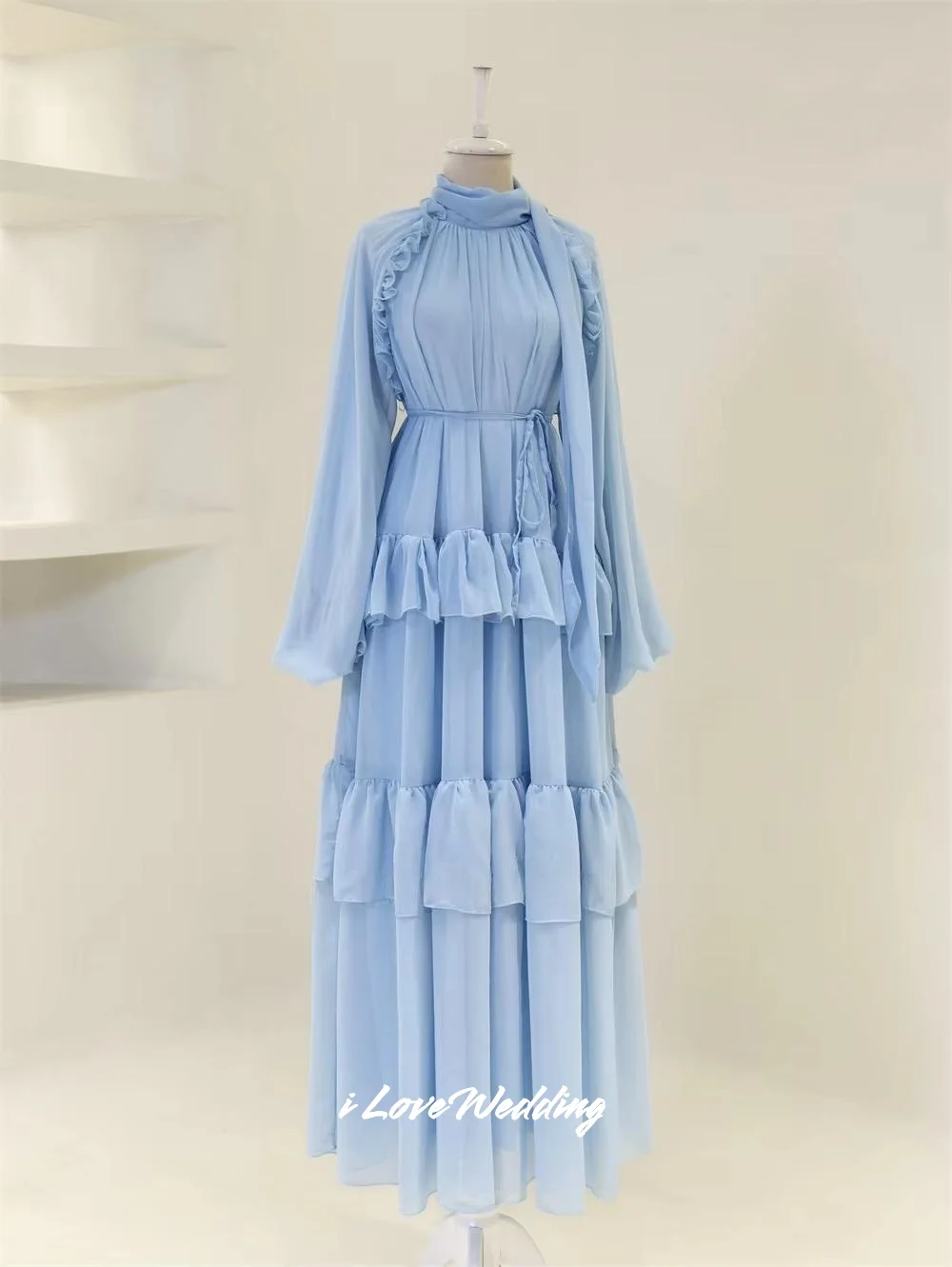 Azul gola alta babados a linha chiffon manga longa vestido de baile elegante arábia saudita multi-camadas até o chão plissado personalizar