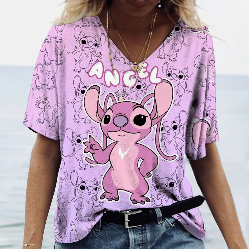 V-neck T-shirt 3D Fashionable Lilo&Stitch Printed Casual Wear Summer Short Sleeved women's Classic Loose And Cute T-shirt Top