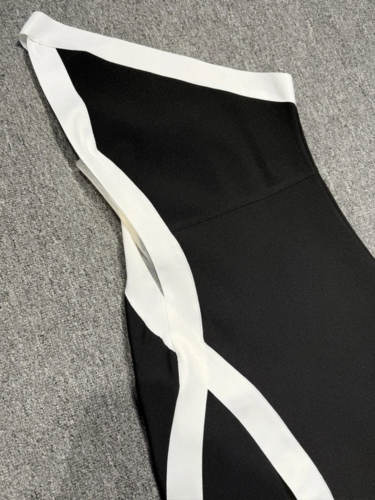 فستان سهرة أنيق باللونين الأبيض والأسود - فستان طويل لحفلات الكوكتيل بفتحة عالية بكتف واحد للنساء