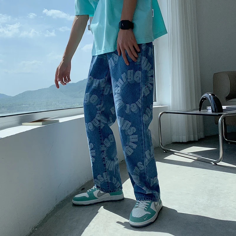 Trendy Street Style Men's Jeans Loose Straight Leg Summer Casual Wide Leg Dad Pants Draped Feel Print Long Trousers
