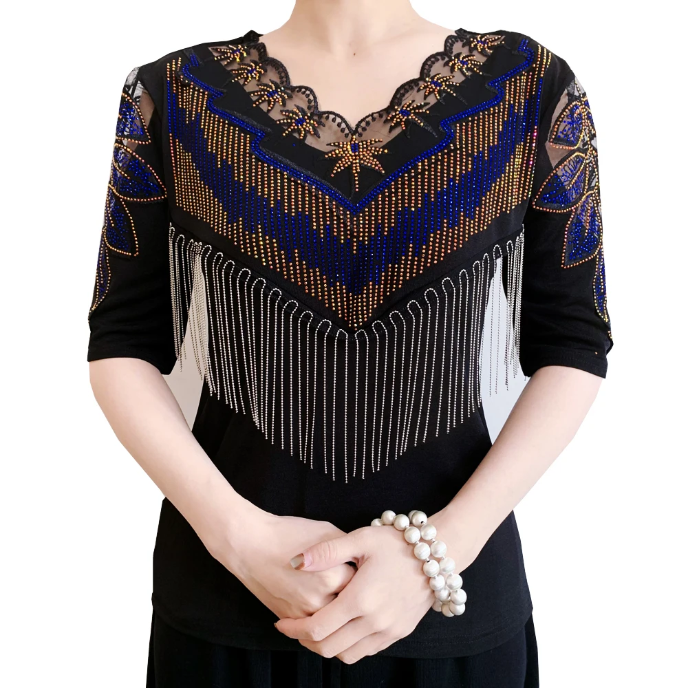 

Beading Print T Shirt Women Pullovers 2025 Summer Tassel Clothes For Women Lace Patchwork Tees Top Short Sleeve Women's T-shirt