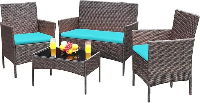 

Patio Furniture 4 Pieces Conversation Sets Outdoor Wicker Rattan Chairs Garden Backyard Balcony Porch Poolside Loveseat