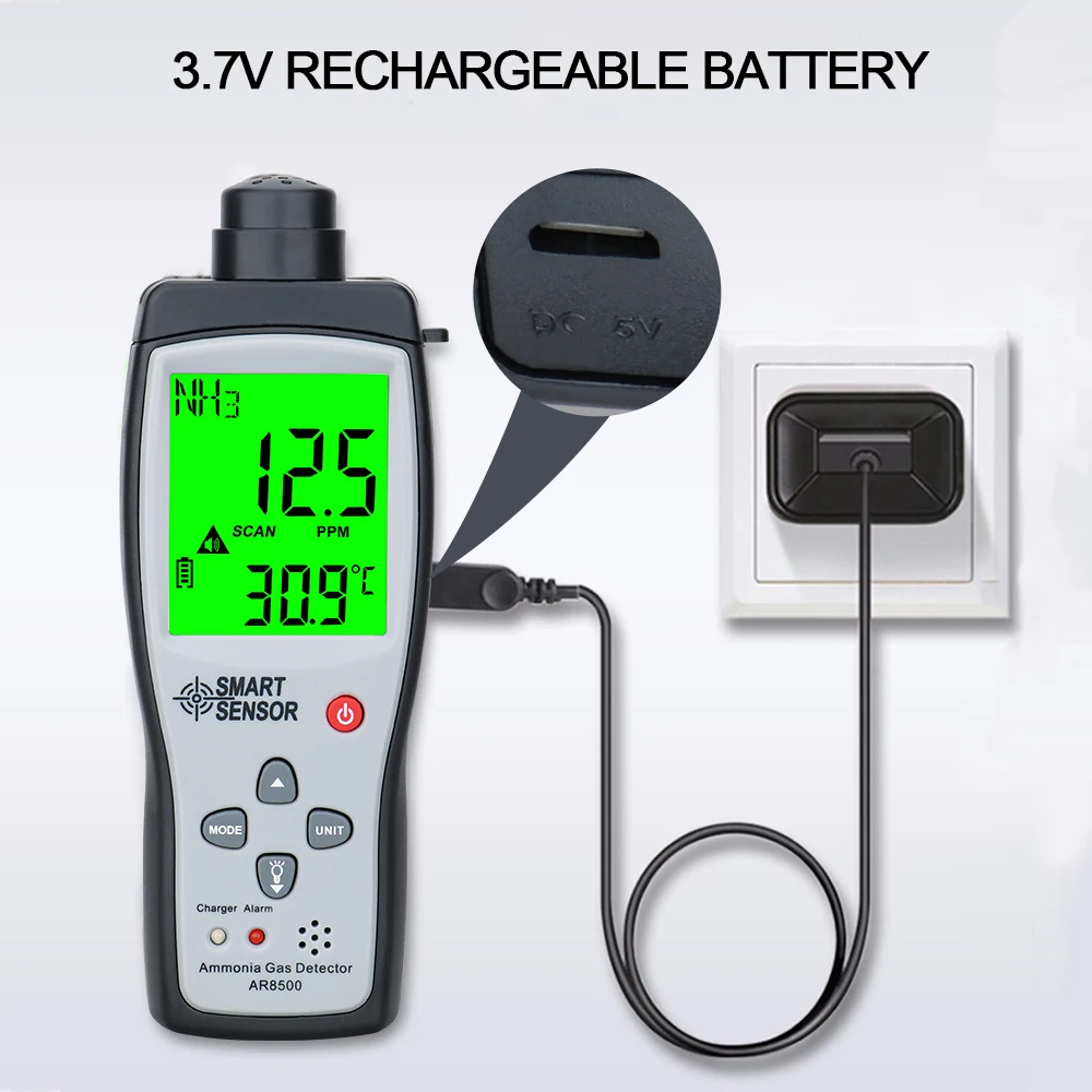 Imagem -06 - Amônia Detector de Gás com Sensor Inteligente Gás Analyzer Medidor Tester Monitor de Qualidade do ar Handheld 0100ppm Sound Light Alarm Nh3 Ar8500