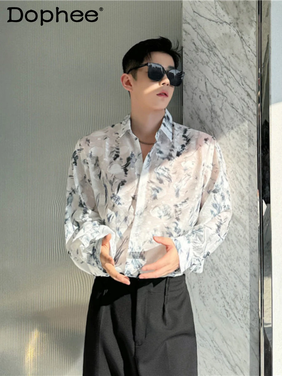 

Summer Ink Painting Flower Shirt Men's Long-Sleeve Fashionable Sun Protection Shirts Casual Single Row Multi-Buckle Shirt