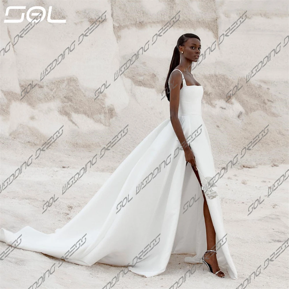 SOL Simple Spaghetti Straps colletto quadrato spacco laterale abito da sposa Backless Satin abiti da sposa lunghi fino al pavimento Sexy su misura