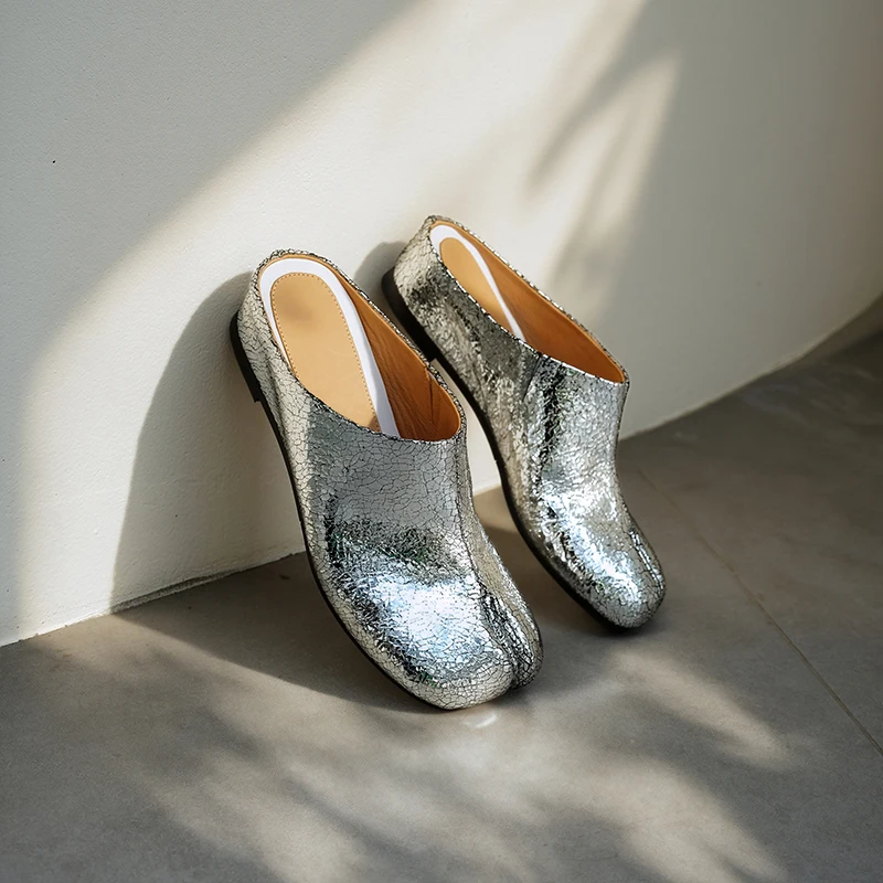 

New Genuine Leather Cowhide Women Mules, Split Toe Slip-on Women Slippers, Increased Internal Heels Fashion Flat Women Shoes