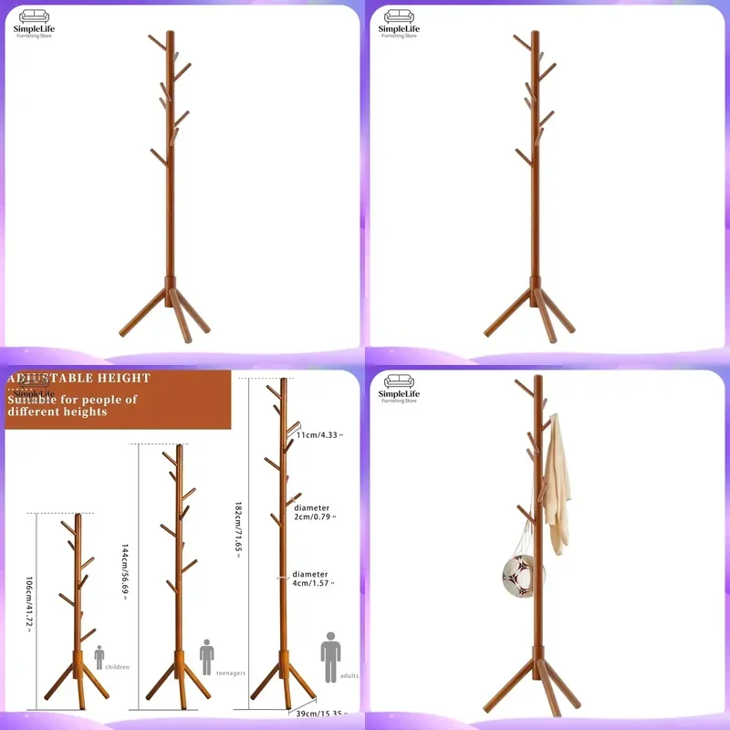 Wooden Coat Rack Stand Free Standing Hall Tree with Hooks Portable Clothes Hat Hanger Organizer for Living Room Bedroom