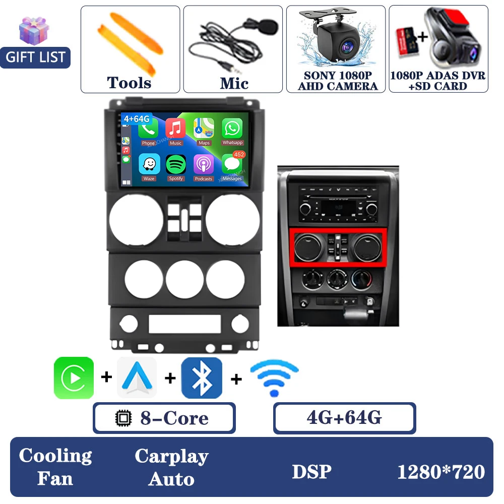 Android 16 autoradio voor Jeep Wrangler 3 JK 2008 - 2010 QLED multimediasysteem videospeler 2DIN Qualcomm 4G LTE 5G WIFI BT GPS