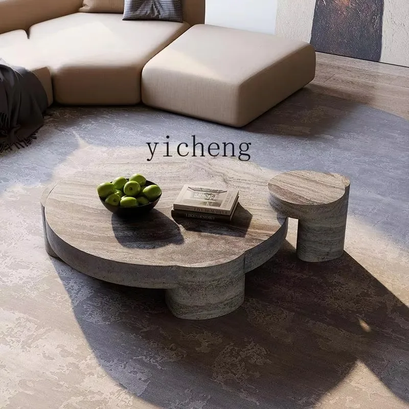 Natural Marble Coffee Table Living Room Modern High-end Home Geometric Coffee Table Combination Round TravertineD18