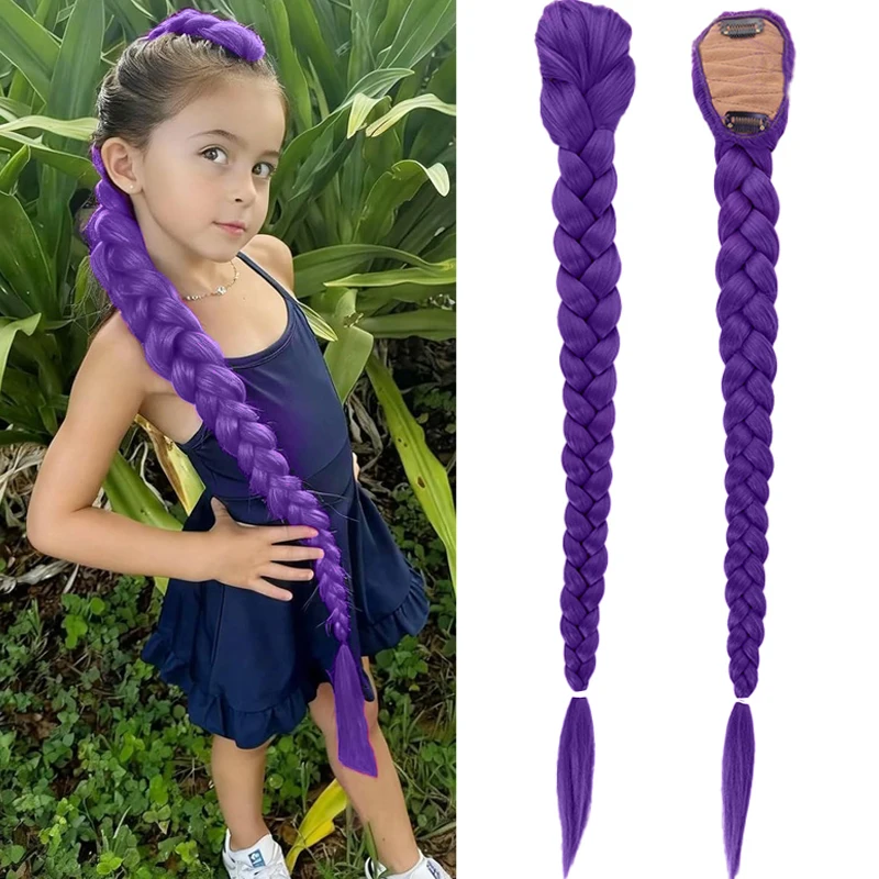 Extensiones de cola de caballo de pelo trenzado púrpura de 26 pulgadas para niños, trenzas largas moradas para Cosplay, uso en fiesta de Navidad, peluca de pelo púrpura