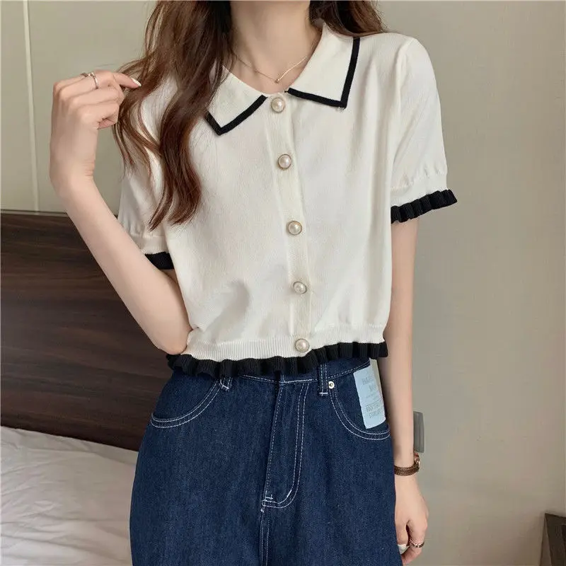 Women Knitting Button T-shirts Short Sleeve 2024 Summer Patchwork Tees Ladies Casual Loose Tops Female Vintage Polo Shirts