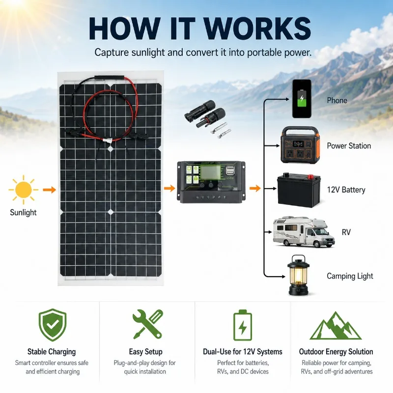30W Semi-Flexible Monocrystalline Solar Panel 18V 12V Lightweight Bendable Solar Power Battery Charger for RV Boat Caravan