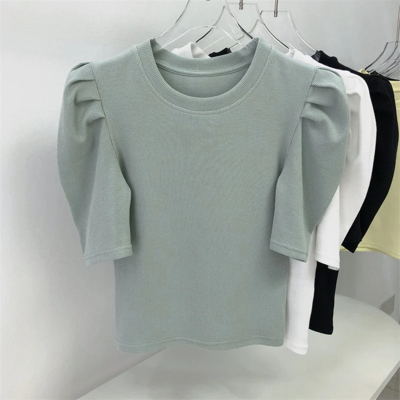 Women Vintage Fashion Puff Short Sleeve Ribbed Knit Basic T-shirt 2024 Summer Elegant Chic O Neck Solid Slim Tops Ropa De Mujer