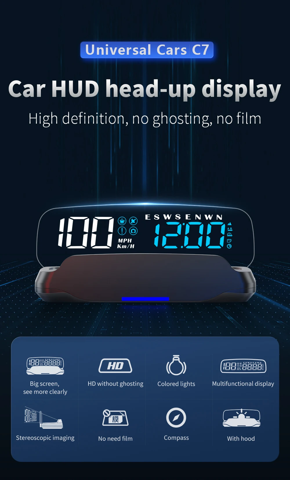 

Новый проекционный дисплей C7: универсальный автомобильный GPS-спидометр HUD с Beidou, отображением времени и компаса