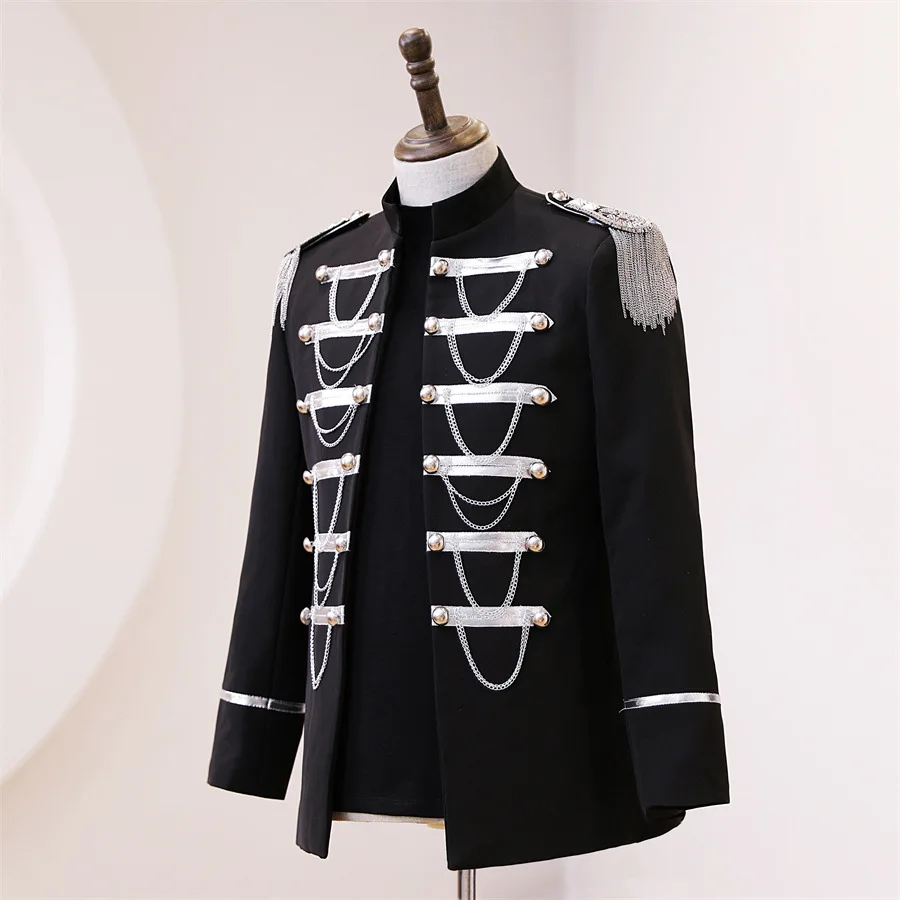 Men's Drummer Military Court Jacket Punk Style Double Breasted Stand Collar Metal Chains Tassel Slim Coat Bar Singer Outerwear