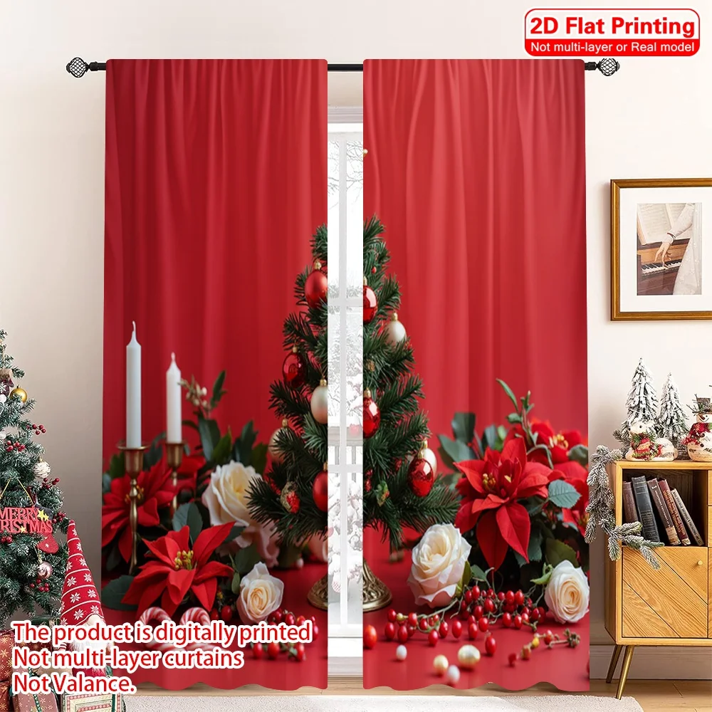 

2pcs 2D flat printing Merry Christmas Popular Drapes Christmas Poinsettia Roses Candles Polyester Without Electricity Birthday