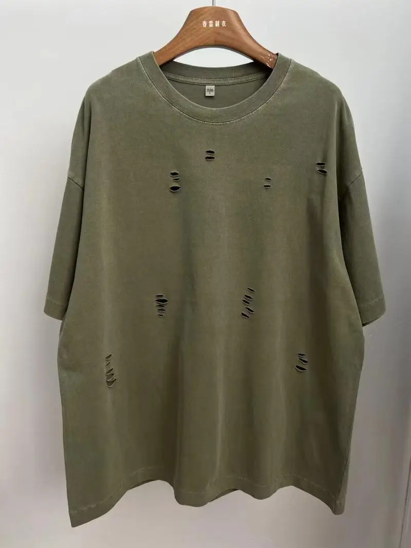 New Ripped Crew Neck Short Sleeve Loose Casual T-Shirt Men's and Women's Same Retro Fashion Bottom Shirt Oversized T Shirt