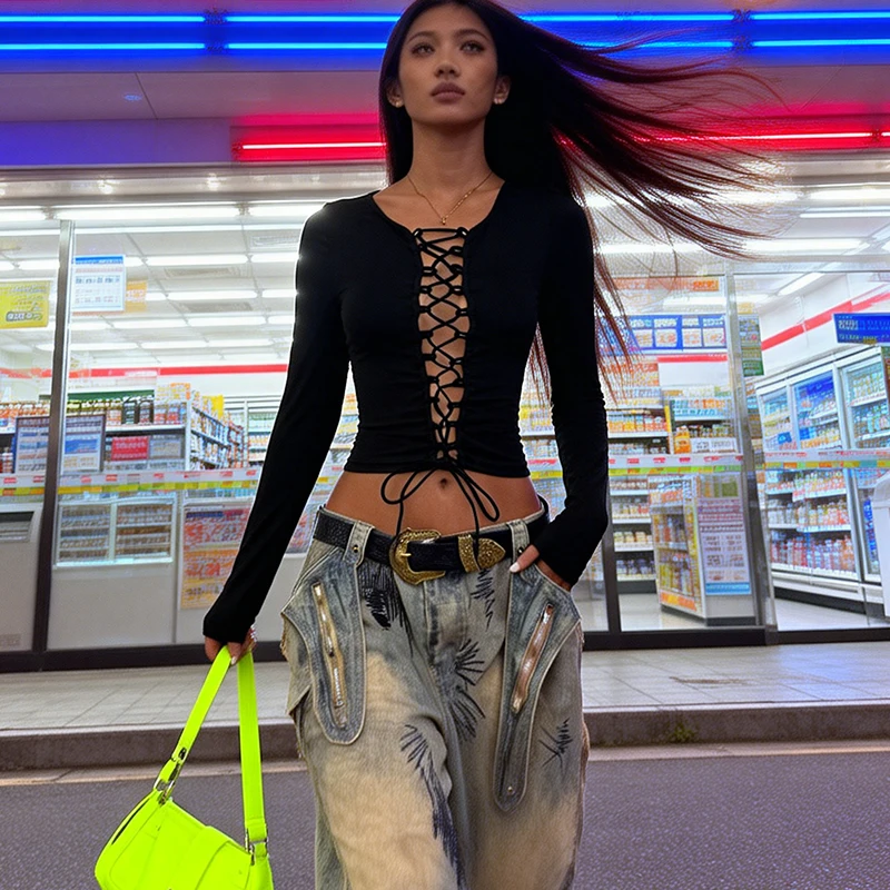European American Summer Sexy Hot Girl Street Hollow-out Cross Lace Up Slim Fit midriff-baring Short Top Women Clothing T-shirt