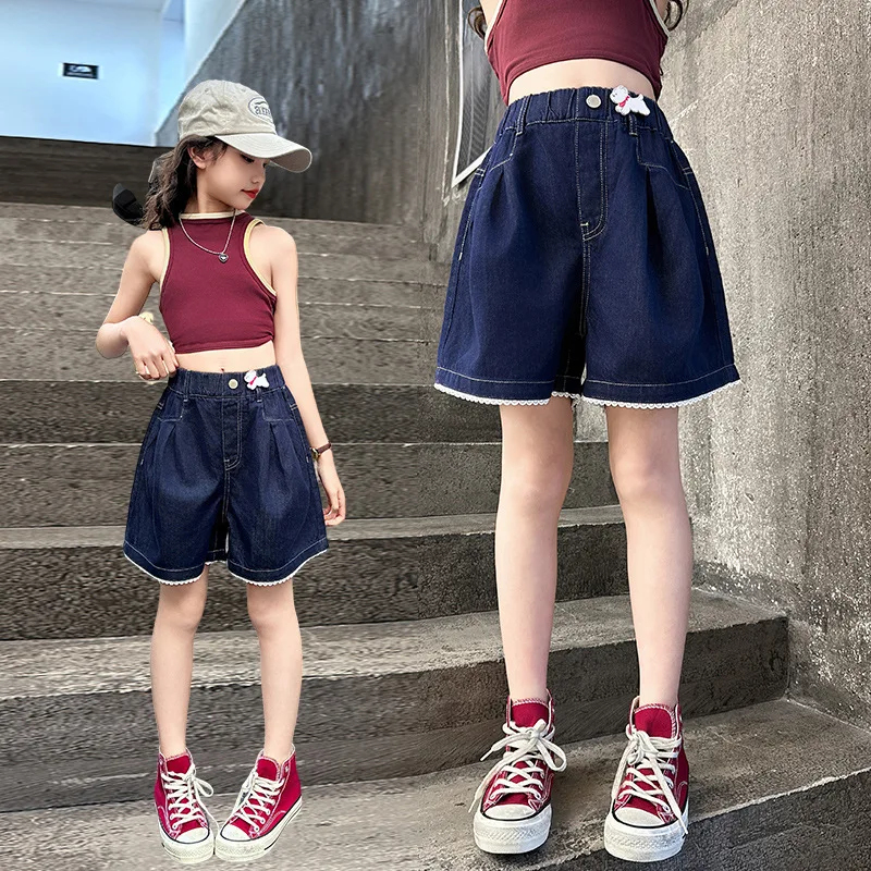 New Summer Girls Vintage Casual Denim Shorts with Raw Hem for Tween Child Blue Wash Mini Jeans Shorts Kids High Rise Short Pants
