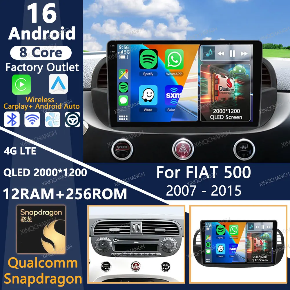 Android 16 Car Radio For FIAT 500 2007 - 2015 BT QLED Head Unit Multimedia Stereo Video Player 4G LTE 5G WIFI Carplay Auto 2DIN