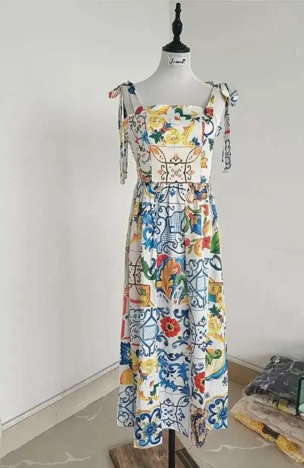 Runway Flower Sexy Dress Summer 2025 Women\'s Bow Spaghetti Strap Sundress Blue And White Porcelain Floral Long Dress
