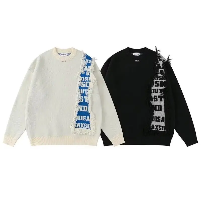 

Retro American Design Sense Splice Knitted Sweater ex Couple Match Overhead irt Youth Casual Long Sve round Ne