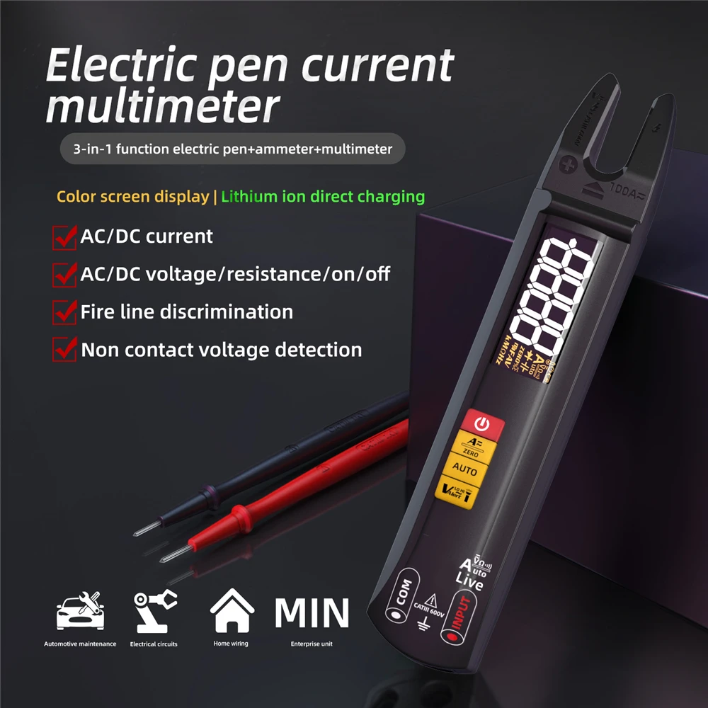 NEW Digital Clamp Meter Fork DC AC 100A Smart Ammeter 3-in-1 Function: Current Clamp Meter+Multimeter+Measuring Pen