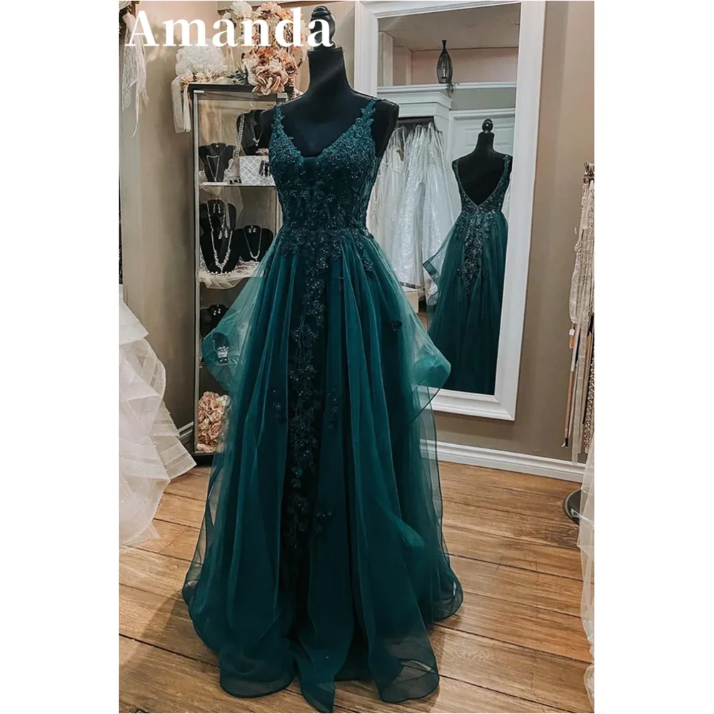 

Amanda Elegant V-neck Lace Embroidery فساتين السهرة Green Spaghetti Straps Prom Dress 2023 Sexy Crimping A-line Prom Gown