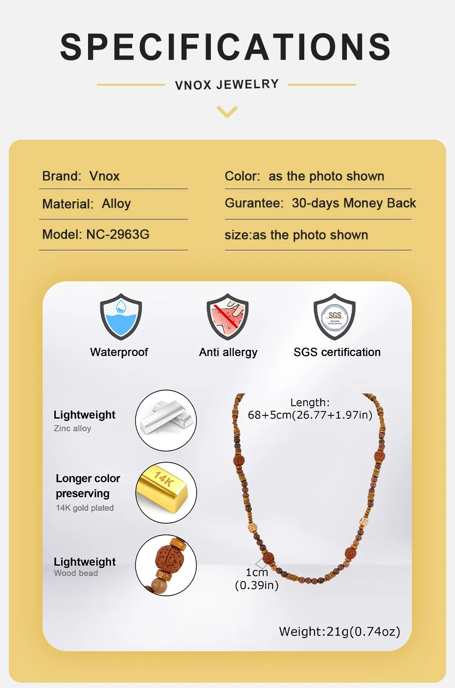 Vnox Lange Perlenkette für Männer und Frauen, Holzperlen, 68–73 cm, verstellbare Kettenkette, Bohemian-Stil, trendiger Schmuck, Geschenke, neu – Detail 4